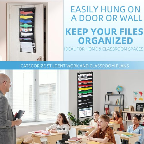 ALSLEA 11 Pockets Hanging Wall File Organizer 15" Extra Wide Pocket Chart for Classroom, Office, Home, Mail Organizer Wall Mounted with 1 Writable Clear Pocket, 5 Wall/Door Hooks & 12 Labels (Black)