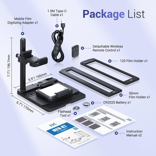 JJC Mobile Film Scanner Digitizer Set for 35mm 120 Negative Film to Digital, with 11 Level LED Backlight & Phone Clip & Magnetic 35mm 120 Negative Film Holder