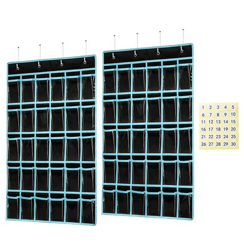 KEEPJOY Classroom Pocket Chart Organizer,Cell Phones Calculator Holder for Classroom with 30 Clear Pockets and Number Sticker Size 33.5x 24.5 Inch (2pack-black)