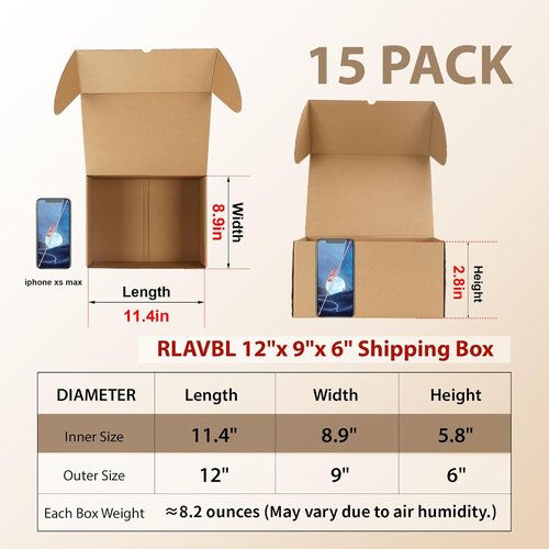 RLAVBL Shipping Boxes - 12x9x6 Brown Corrugated Cardboard Mailer Set of 15 for Packing & Mailing