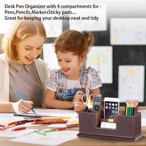 PUSU Leather 360°Rotatable Remote Control Holder+Desk Pencil Holder, PU Leather Pen Holder for Desk, Executive Desk Organizers and Accessories, Multifunctional Desk Organizer with 4 Compartments