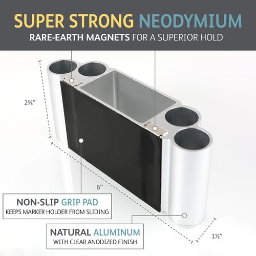 Glassboard Studio Magnetic Dry Erase Marker Holder - Super Strong for Magnetic Glass Whiteboard or Fridge - 2 Large Neodymium Magnets - No Slip Grip - Eco-Friendly PLA Plastic (Steel Gray, KIT)
