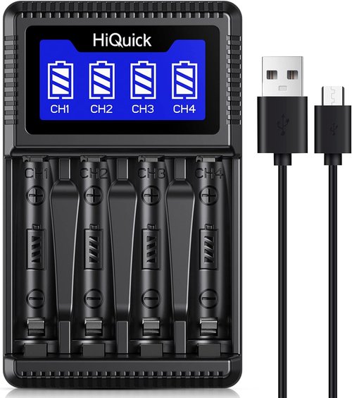HiQuick 4 Bay AA/AAA Battery Charger - Fast USB Charging with Smart LCD Display for NiMH/NiCD Batteries