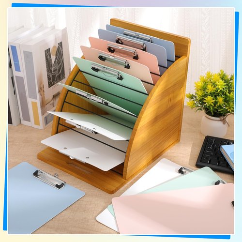 Seajan 13 Pcs Wooden Clipboard Holder Set Include 1 Organizer with Raised Side Panel 12 A4 Letter Size 12'' Plastic Clipboards for Classroom Office School Teacher Assembly Required(Morandi)