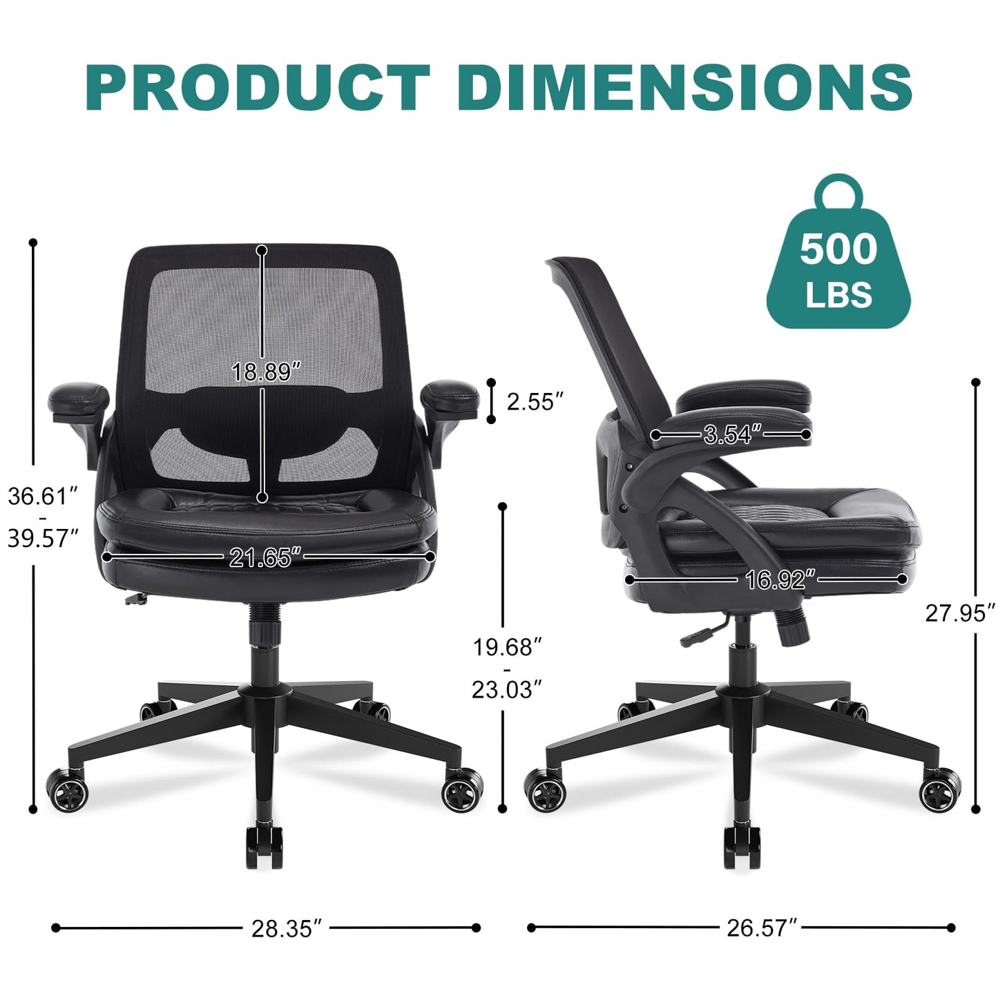 BERYTH Big and Tall Office Chair, 500lbs Mesh Heavy Duty Ergonomic Desk Chair with Flip-up Armrests, Plus Size Wide Seat in PU Leather, 360 Swivel Computer Executive Task Chair for Home Office (Black)