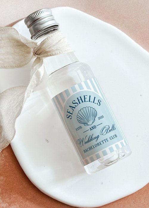 Seashells and Wedding Bells Bachelorette Shot Bottle Labels - 50 mL Bachelorette Liquor Labels - Set of 16, Coastal Bachelorette Party Favors, Beach Bridal Shower Stickers (Stripes)