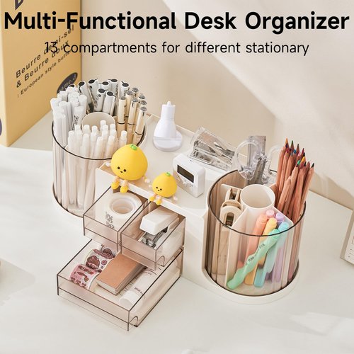UFORU Dual Rotating Pen Holder and Drawer Organizer with 360° Smooth Rotation and Detachable Design Art Supplies Storage Box for Home, Office Classroom (Grey)