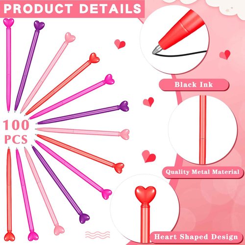 100 Pcs Valentine‘s Day Heart Shaped Ballpoint Pens Retractable Metal Ballpoint Pen with Black Ink Party Favor for Office School Classroom Valentine‘s Day Wedding Party Supplies, 4 Colors