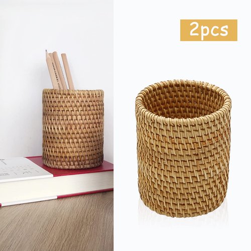 ZUDKSUY 2 Pack Rattan Pencil Holder Handmade Pen Organizer Boho Desk Accessories Pen Cup Holder Aesthetic Holder for Desk Cute