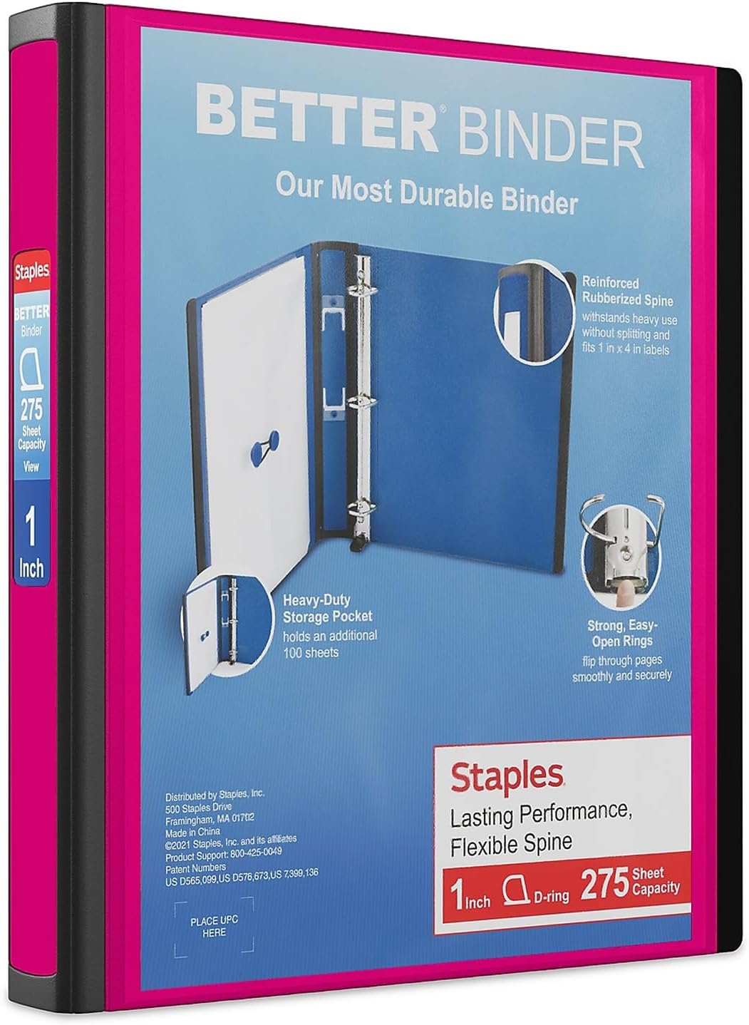 Staples Better View 1-Inch D-Ring Binder - Durable Pink 3-Ring Binder with Clear Overlay for School & Office