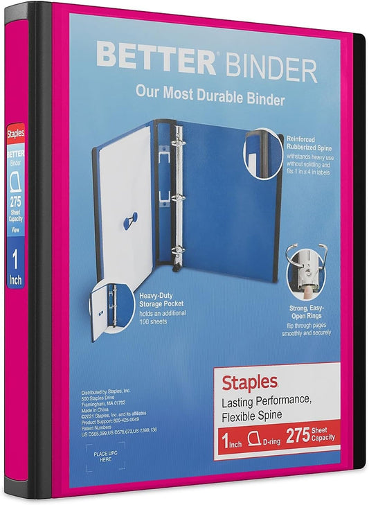 Staples Better View 1-Inch D-Ring Binder - Durable Pink 3-Ring Binder with Clear Overlay for School & Office