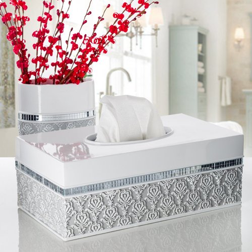 Creative Scents Mirror Damask Small Bathroom Trash Can 1.58 Gal / 6L - Decorative White and Gray Waste Basket - Durable Bathroom Wastebasket - Waste Bin for Powder Room Or Bedroom
