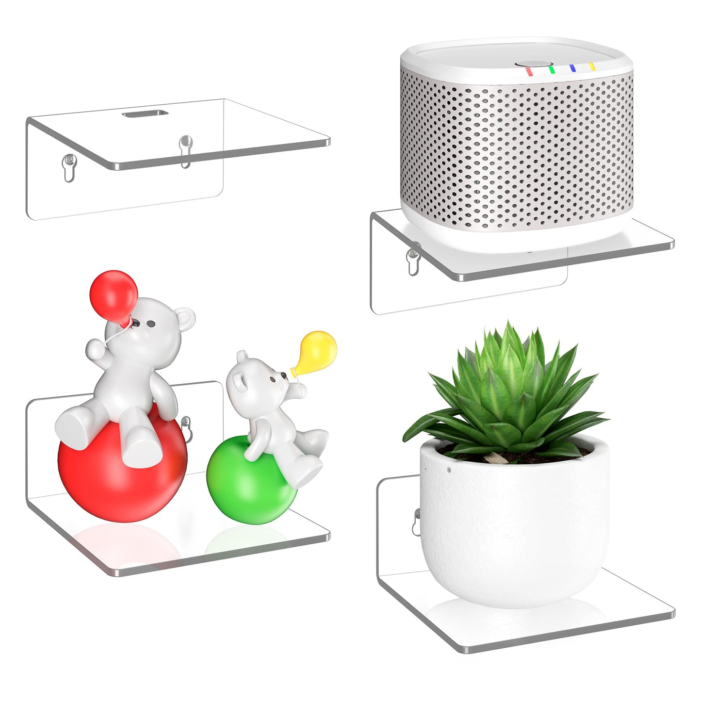 LMHOME 4 Pack Small Wall Shelf - 4" Floating Shelves for Wall Display Ledges for Funko Pop Figures, Plants, Speakers, Durable Plastic Adhesive or Screw Shelves in Bedroom Kitchen Living Room, Clear