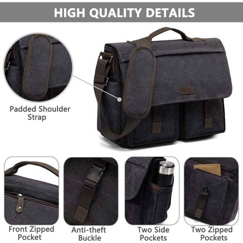 VASCHY 17inch Laptop Messenger Bag, Men's Vintage Water Resistant Canvas Satchel Briefcase Shoulder Bag for Work with Padded Shoulder Strap Gray