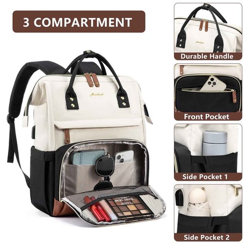 Focdod Laptop Backpack for Womem Work Bags: 18 Inch Anti Theft FashionTravel BackPacks With USB Charging Port Durable Back Pack Purse Bussiness Daypack for Nurse Teacher Beige Black Brown