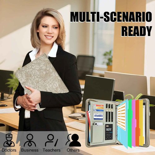 NATISERAUM Portfolio Organizer - 3 Ring Binder with Handle, Vegan Leather Business Padfolio Folder with Notepad, Includes 5 Dividers with 10 Pockets for Documents Files