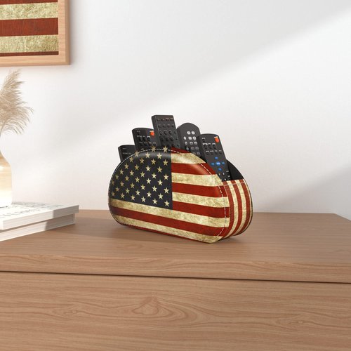 QIELIZI Leather Remote Caddy Desktop Organizer with 5 Spacious Compartments for TV Remotes/Media Controllers/Office Supplies (American Flag)