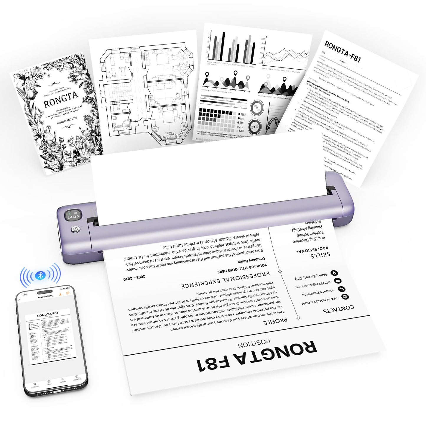 Rongta Portable Printers Wireless for Travel, Bluetooth Mobile Printer, Thermal Inkless Printer for School/Office/Home Use, Compatible with Android,iOS & Laptop (Purple)