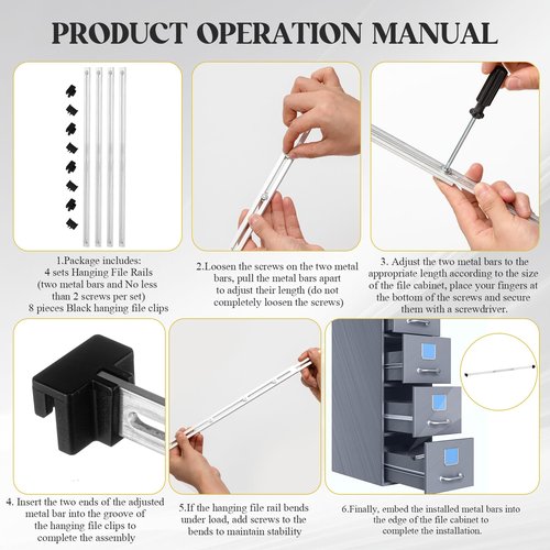 Humyoun 12 Pcs Metal Adjustable File Cabinet Rails Set Include 8 Hanging File Rail Clips 4 Cabinet Dividers Bars Suitable for Cabinets with Drawer Thickness Less Than 1/8 Inch(Silver,10-18 Inch)