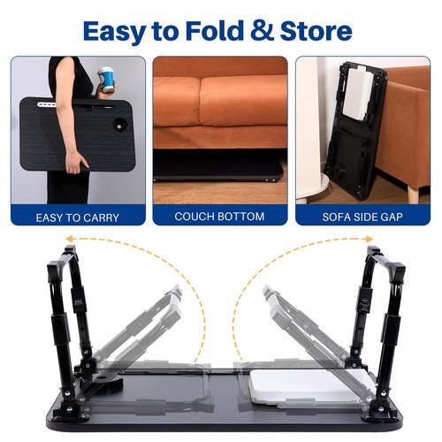 Laptop Desk for Bed, Height Adjustable Laptop Bed Table, Foldable Portable Lap Desk Stand with USB/Storage Drawer/Cup Holder/Slot, Breakfast Tray for Working Reading Writing Eating, Black