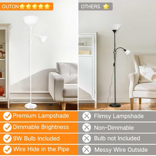OUTON LED Floor Lamp, 70" Tall Torchiere Floor Lamp, Adjustable Reading Light, Modern Dimmable Standing Lamp with Remote Control & Foot Switch, Corner Lamp for Living Room Bedroom Office, White