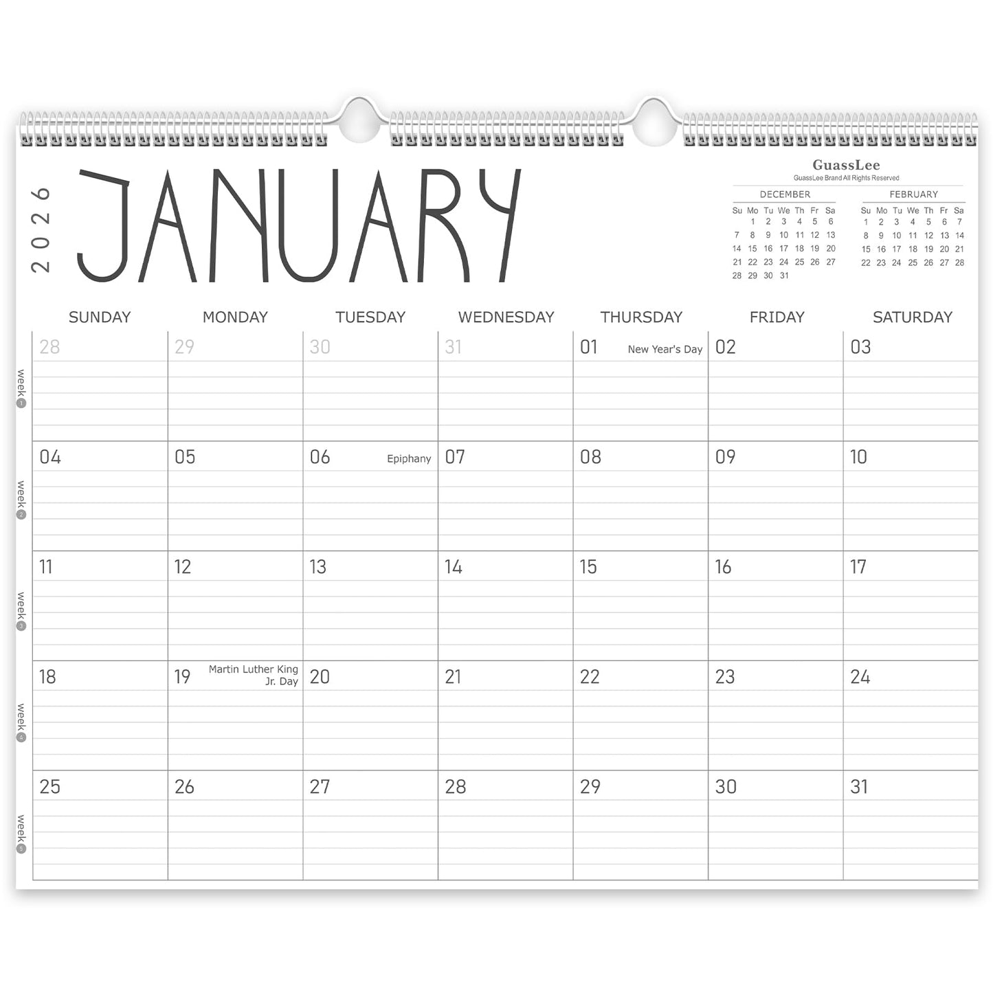GuassLee Wall Calendar 2026-2027, 24-Month Wall Calendar Runs from January 2026 until December 2027,14" X 11" Hanging Monthly Planner with Thick Paper, Ruled Blocks for Home School Office Organizing