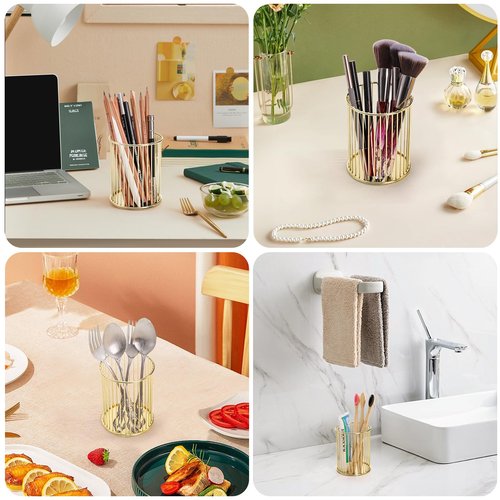 Yopay 4 Pack Pencil Cups, Round Wire Metal Pen Cups Makeup Brush Holder, Cylindrical Desktop Organizer Office School Home Supplier, Golden, 3.94" H × 3.15" D