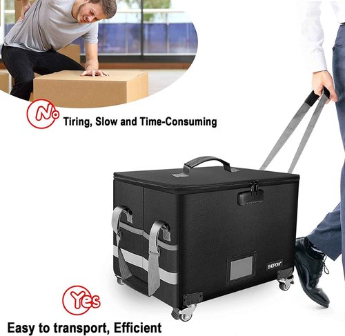 ENGPOW Fireproof Document Box with Wheels, Collapsible File Box with Lock, Rolling File Storage Organizer Filing Cabinet with Pockets, Portable Home Office Safe for Hanging Letter/Legal Folder, 2 Pack