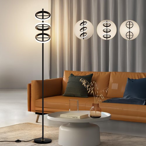 FIGDIFOR Modern LED Floor Lamp - Adjustable 3 Saturn Rings-Contemporary Tall Standing Lamp for Living Room & Office Bedroom Reading-Black