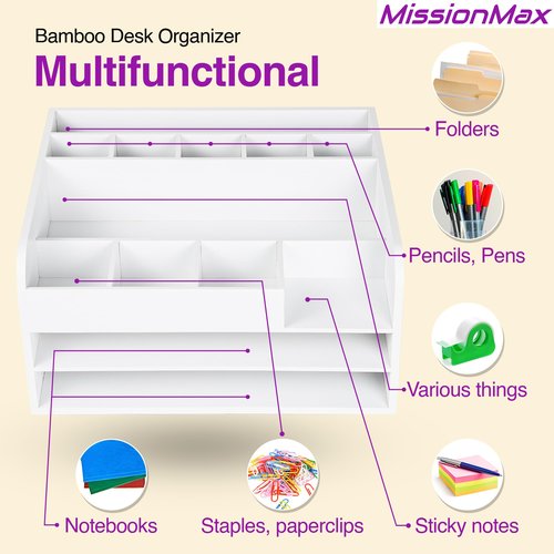 MissionMax White Bamboo Wood Desk Organizer, Max Storage with Two File Trays, Vertical File, Pens, Pads and Other Bins to Hold Your Work Necessities