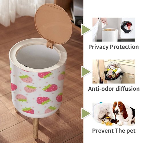 Small Trash Can with Lid for Bathroom Kitchen Office Diaper Fruit Cute fresh strawberry pink polka dot white Design for Bedroom Garbage Trash Bin Dog Proof Waste Basket Cute Decorative
