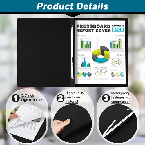 Dunzoom 5 Pcs 8.5 x 11 Inch Pressboard Report Cover, 3'' Capacity, Presentation Binder Folder with Metal Prong for Business, Presentations, Contract, Proposal and Other Documents Management (Black)