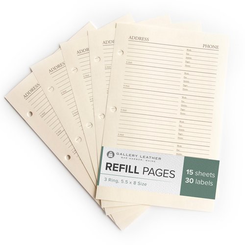 Gallery Leather Address Book Refill Replacement Pages - 3 Ring 5.5 x 8 Size, 15 Sheets, 30 Pages for 180 Entries, Quick and Easy Contact Storage and Updates
