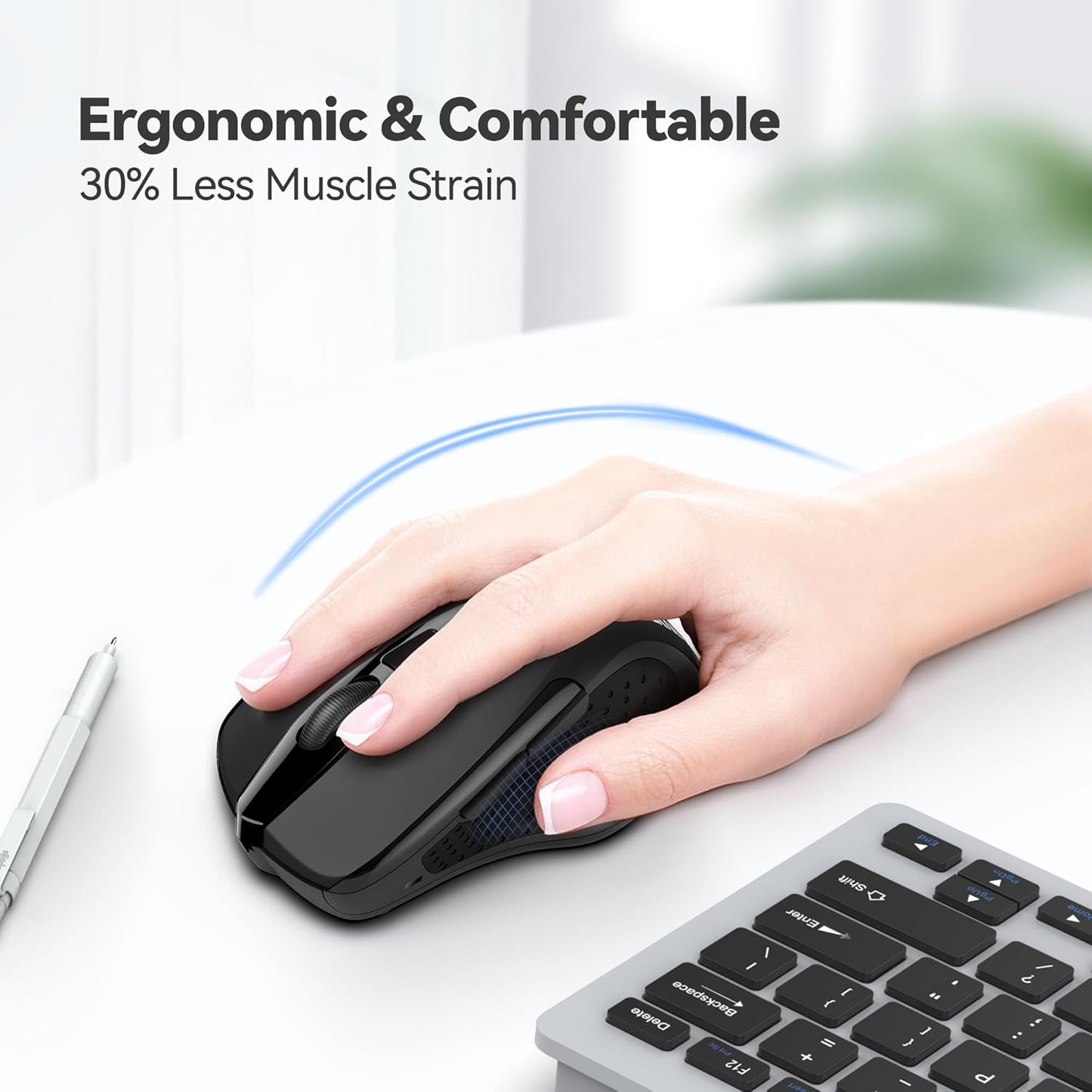 TECKNET Wireless Mouse - Ergonomic 2.4G Optical Design with 6 Buttons & 24 Months Battery Life - Black