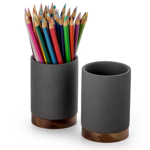 Pen Holder for Desk, Ceramic Pencil Organizer & Makeup Brush Holder, Office Decor and Desk Accessories，Perfect Office Organization,Teacher Supplies (Dark Grey, Set / 2)