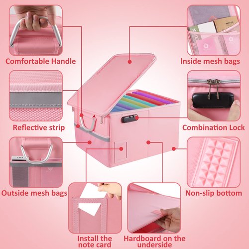 Fireproof Document Box, Fireproof Organizer Safe Box with Lock, Portable Office Storage Cabinet for Hanging Letter/Legal Folder 16.1 x 12.9 x 11in(Pink)
