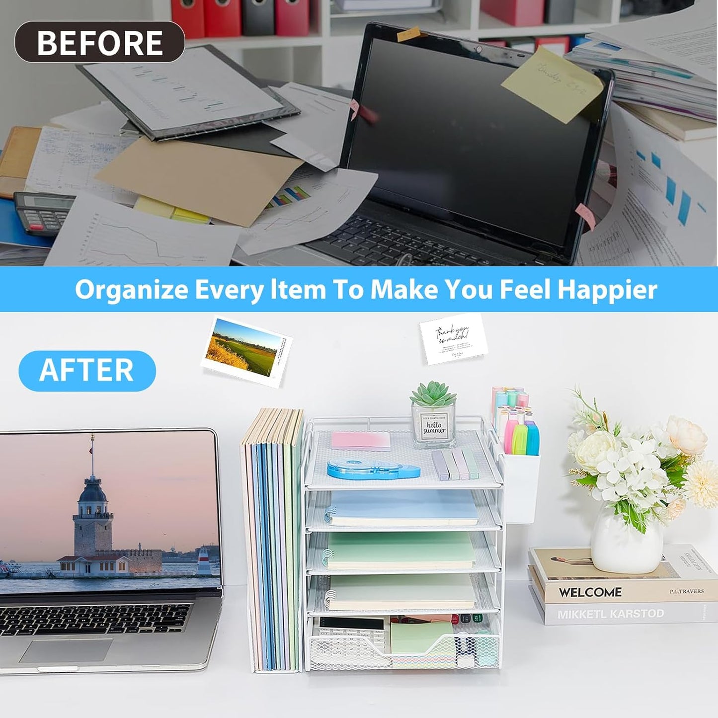 Skiennix Desk Organizer - 5-Tier Paper Letter Tray with File Holder & Drawer - White
