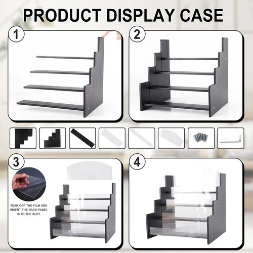 Kesiya Greeting Card Display Stand Holder, 4-Tiered Wooden/Acrylic Organizer Rack for Sticker,Postcard,Brochure,Photos,Picture& Stationery Vendors,Retail Stores (Black)