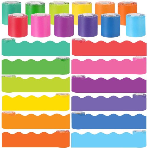 Zhanmai 590ft Classroom Bulletin Board Borders Sets, 12 Rolls Borders for Bulletin Board Scalloped Trims Decoration for Fall School Office Chalkboard Whiteboard Poster Decor(Rainbow Color)