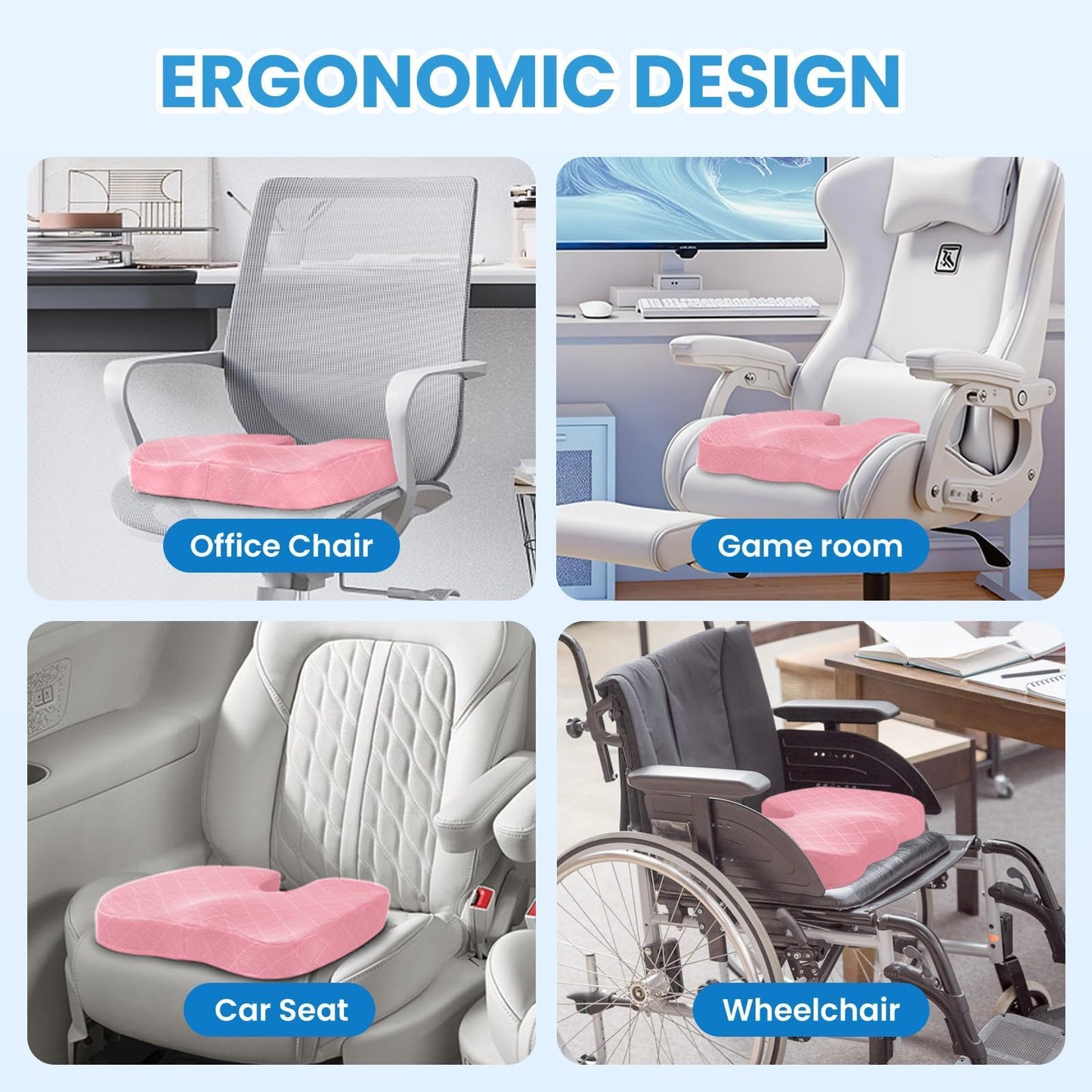 TushGuard Office/Car Seat Cushion, Non-Slip Sciatica & Back Coccyx Tailbone Pain Relief Chair Pad, Memory Foam Butt Pillow for Computer Desk, Wheelchair, Driving (Pink, XX-Large)
