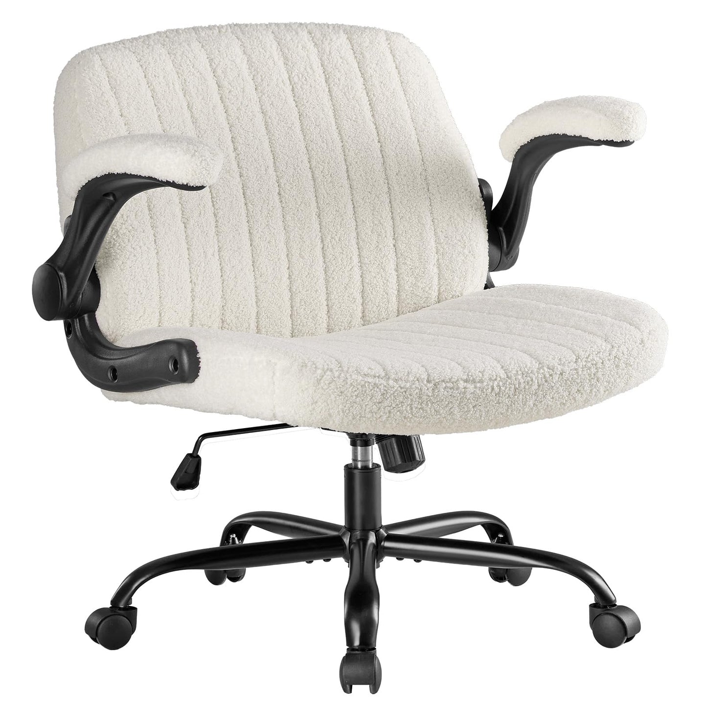 DUMOS Criss Cross Home Office Chair with Wheels, Wide Cross Legged Desk Vanity Chair Comfy Fabric Flip-Up Armrests Adjustable Swivel Chairs for Home Computer Bedroom, Beige