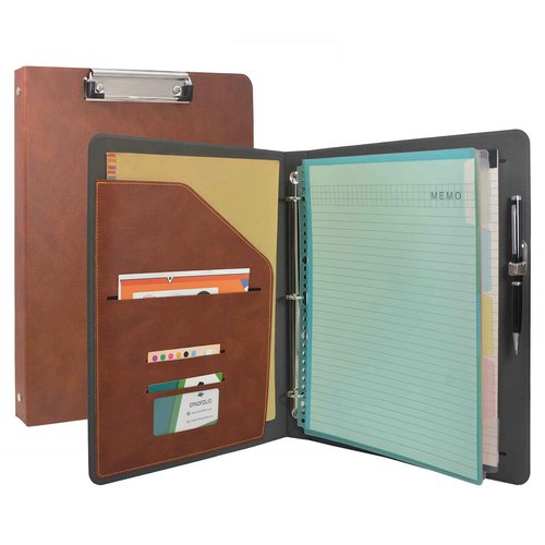 3 Ring Binder Padfolio Clipboard Case with Color File Folders, PU Leather Padfolio Ring Binder with Clipboard (Coffee, Standard)