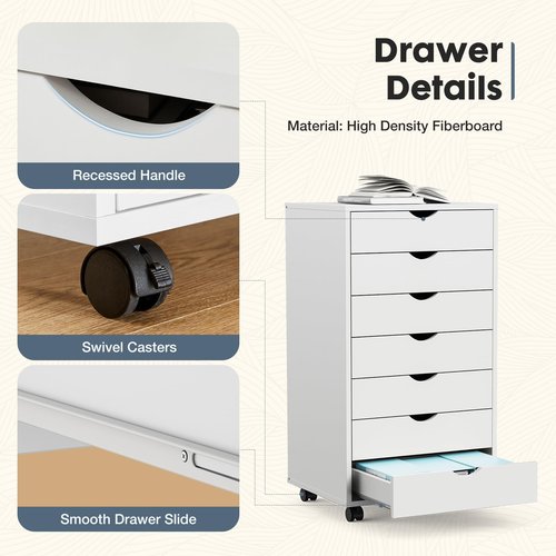 DUMOS 7 Drawer Vertical File Cabinet Mobile Filing Storage Dresser with Wheels Rolling Under Desk Printer Stand Wood Organizer for Office Home Bedroom, White