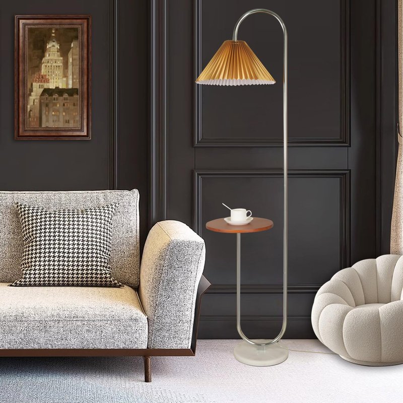 beaysyty Modern Elegant with Tray Floor Lamp for Office Cafe Den Living Room Bedroom, Foot Switch and Chrome Finish, Orange Pleated Cloth Lampshade
