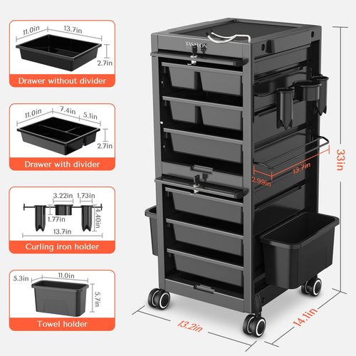 TASALON Professional Rolling Salon Cart, 6-Drawer Storage Trolley with Tool Holders, 33-Inch Height,Barber Shop Hairdressing Beauty Versatile Equipment Black