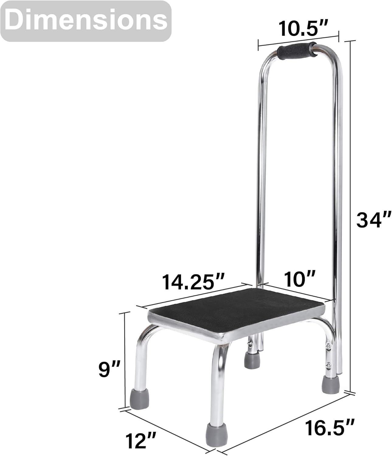 Vaunn Medical Foot Step Stool - Lightweight & Sturdy with Handle | Anti-Skid Rubber Platform, Chrome