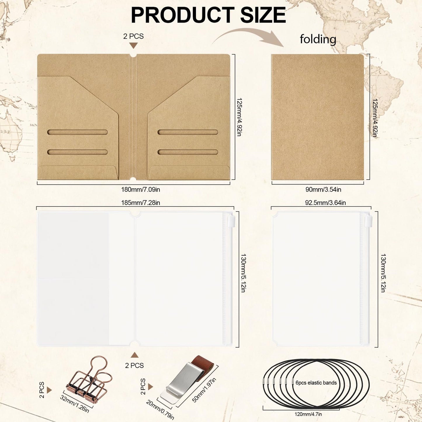Travelers Notebook Accessories Kit - Kraft File Folders, PVC Zipper Pouches, Pen Holders, Binder Clips, Elastic Bands for Travel Journal Organizer(2 Pack,Passport Size)