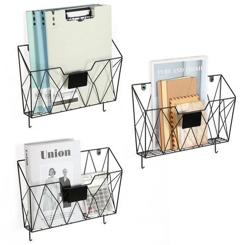 Hanging Wall File Holder Wall Mount Metal Wall File Organizer 3 Pockets Mail Organizer with Hooks for Office Home,Black