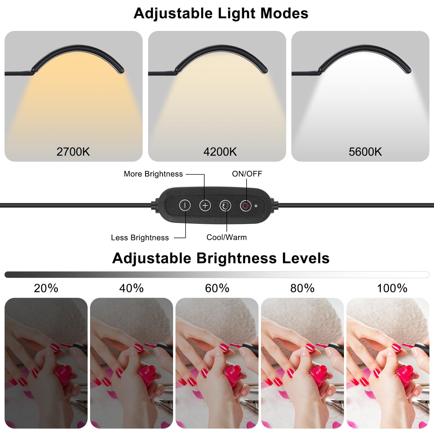 ZEKAHOV Professional Half Moon LED Desk Light for Nail Techs & Artists – Flexible Gooseneck Lamp with Clamp, 5 Color Modes & 5 Brightness Levels for Manicure, Tattoo, Beauty Work