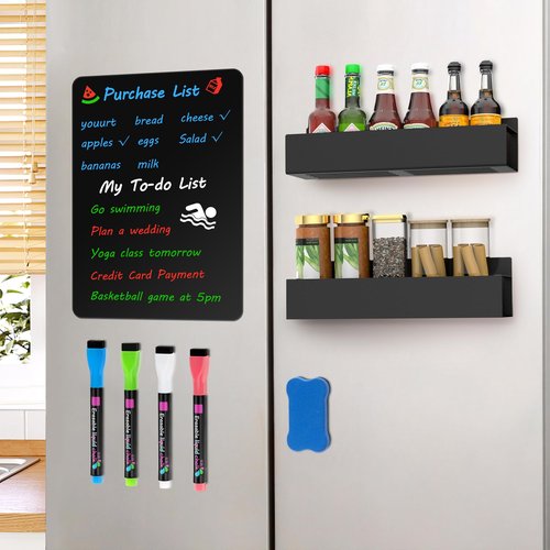 HETMI 3 Pack Strong Magnetic Spice Rack Set for Refrigerator with Magnetic Memo Board - Magnetic Organizer for Kitchen, Classroom, Office
